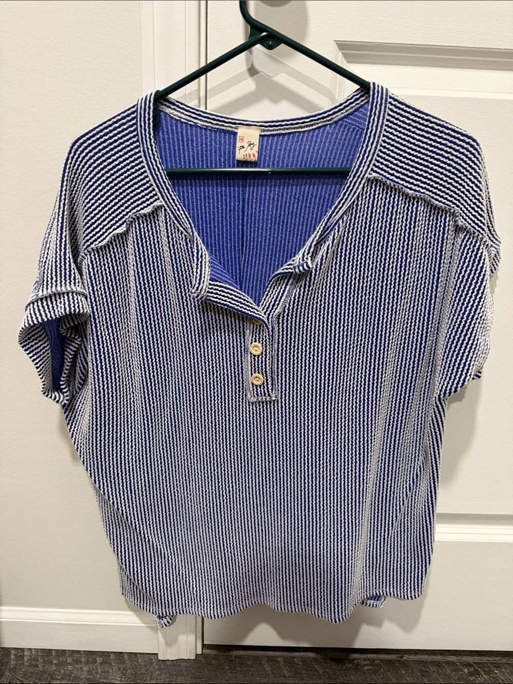 7th Ray Blue and White Striped Short Sleeve Henley